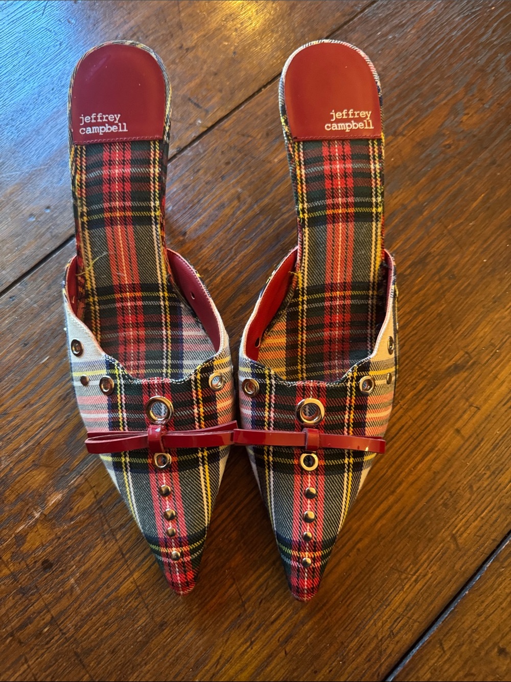 Jeffery Campbell plaid kitten heel mules